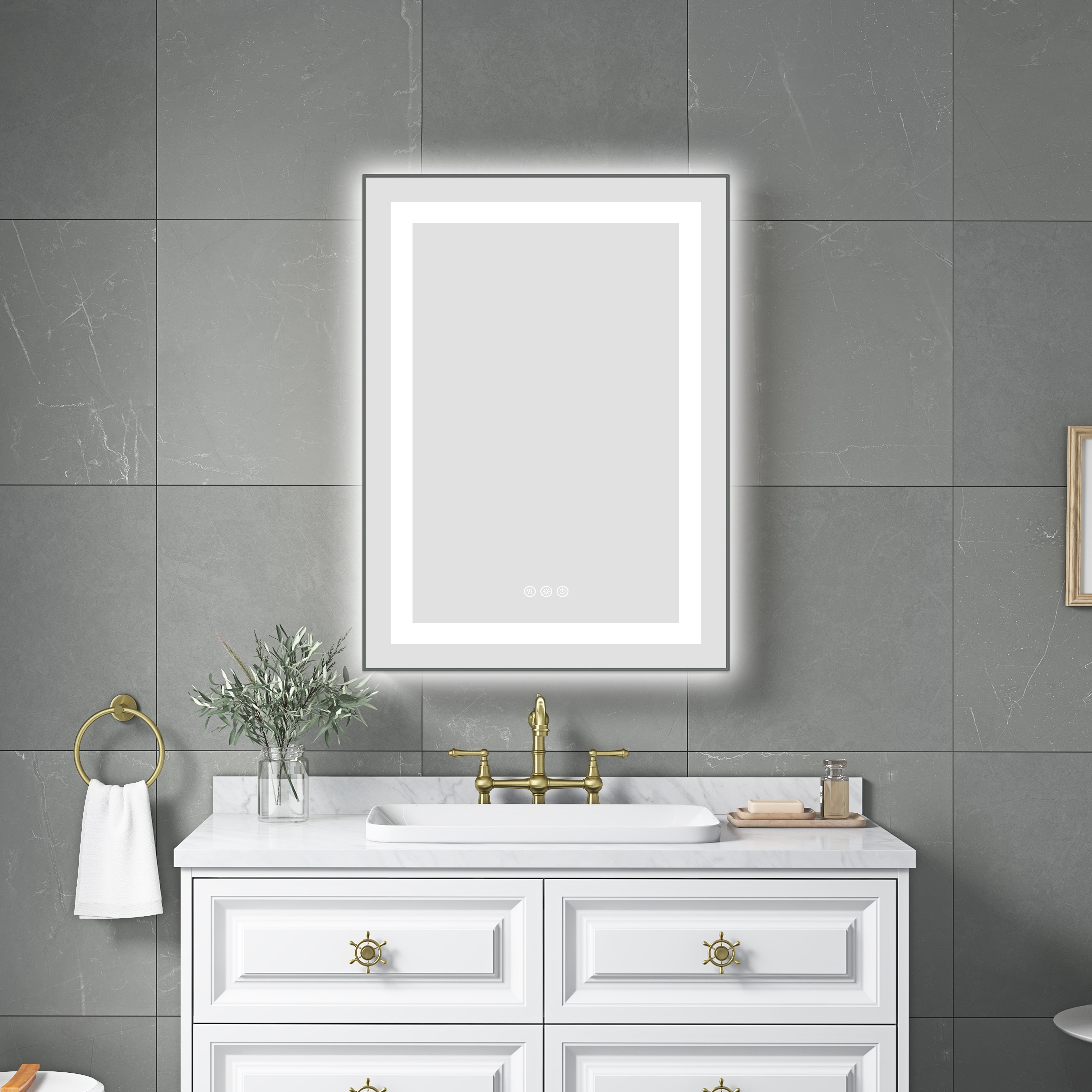 24 x 32 Inch LED Bathroom Mirror with Front and Backlight, Wall Mounted Vanity Mirror with Aluminum Frame, Anti-Fog