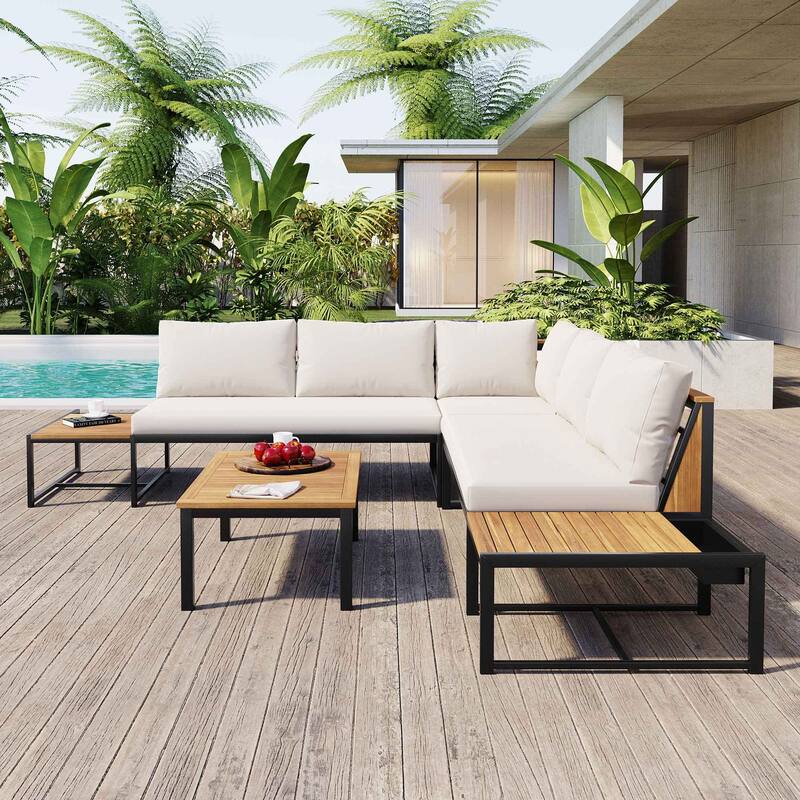 4-Piece Iron-Wood Patio Sofa Set with Waterproof Cushions