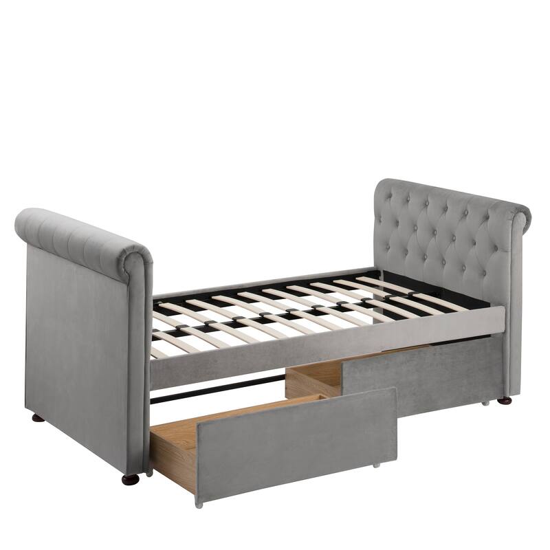 Twin Size Upholstered Daybed with Drawers, Wood Slat Support, No Box Spring Needed