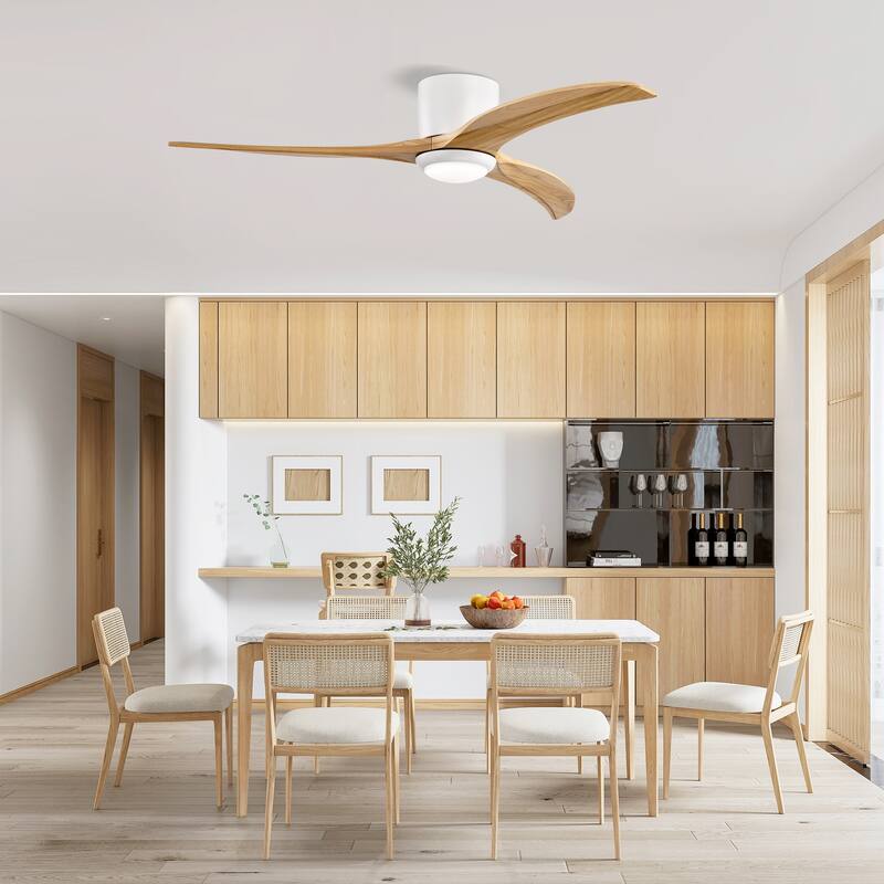 52" Flush Mount Fan Light, 3 PCS Solid Wood Blades Ceiling Fan with Lights Remote Control, Quiet DC Motor, 6 Speed - Matte White,Natural Wood