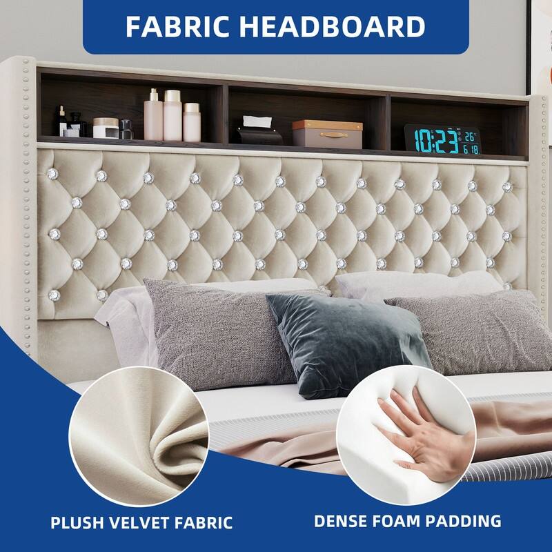 Moasis King Size Velvet Upholstered Bed Frame with Storage Headboard with USB Charging Stations