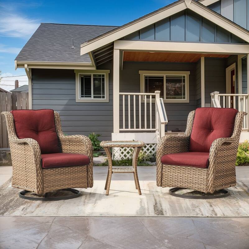 Pocassy Outdoor Swivel Chairs with 4 Inch Cushion - 3PCS Swivel Chair with Table - Yellow Wicker Red Cushion