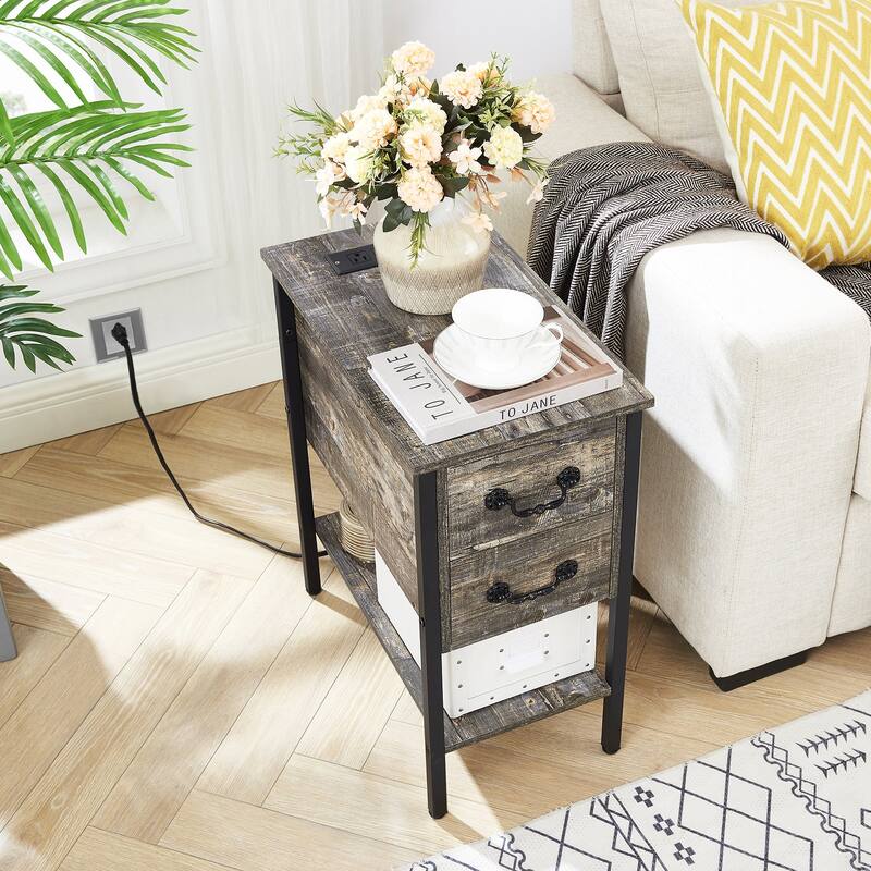 Taomika Industrial 2-Drawer Nightstand with Charging Station 2 USB/2 AC Ports & Open Shelf for Bedroom and Living Room