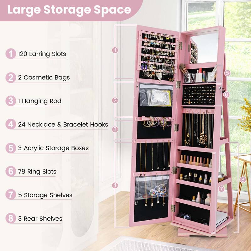 Costway 360degree Rotatable Jewelry Cabinet 2-in-1 Lockable Mirrored - See Details