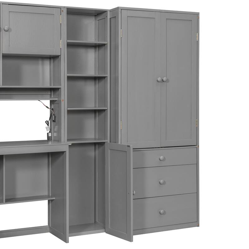 Twin Size Murphy Bed Cabinet Foldable Wall Bed Frame with Storage Wardrobes, Desk & Shelves, Wooden Hidden Platform Bed Chest