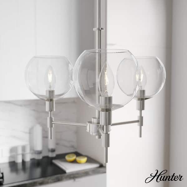 slide 2 of 14, Hunter Xidane Metal and Glass Orb Chandelier - Entry, Kitchen or Dining Room Table, Bedroom - Mid-Century Modern, Transitional 3- Light - Brushed  Nickel