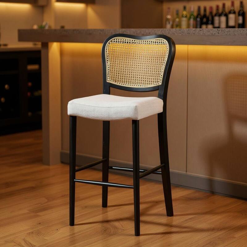 HomeRoots 31" White and Black Fabric and Solid Wood Bar Height Bar Chair - Bar Height - White - Single