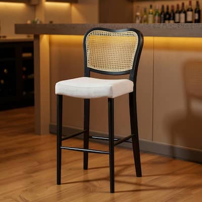 HomeRoots 31" White and Black Fabric and Solid Wood Bar Height Bar Chair