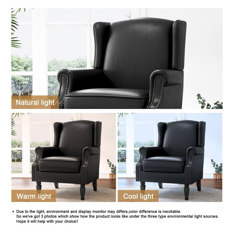 Mid-Century Modern Linen/ Vegan Leather Wing Back Accent Chair