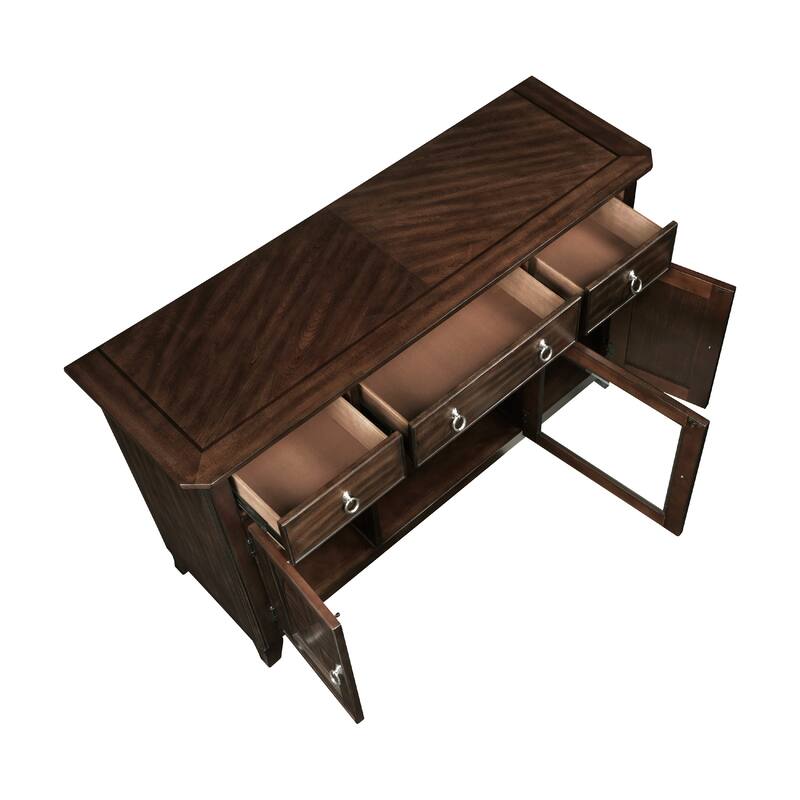Rinie Sideboard Buffet Console, 3 Drawer 3 Cabinet, Cherry Brown Wood
