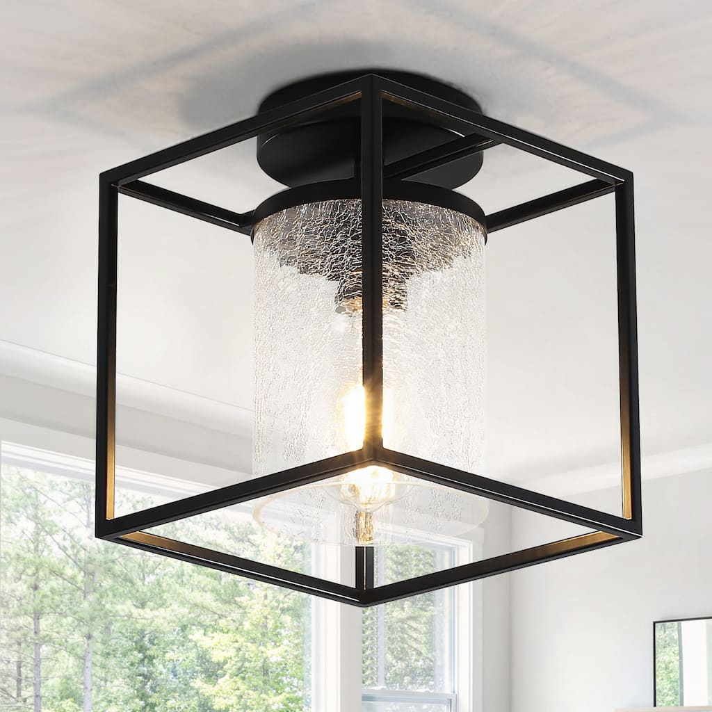 1-Light Modern Black Metal Frame Textured Glass Ceiling Light - Matte Black