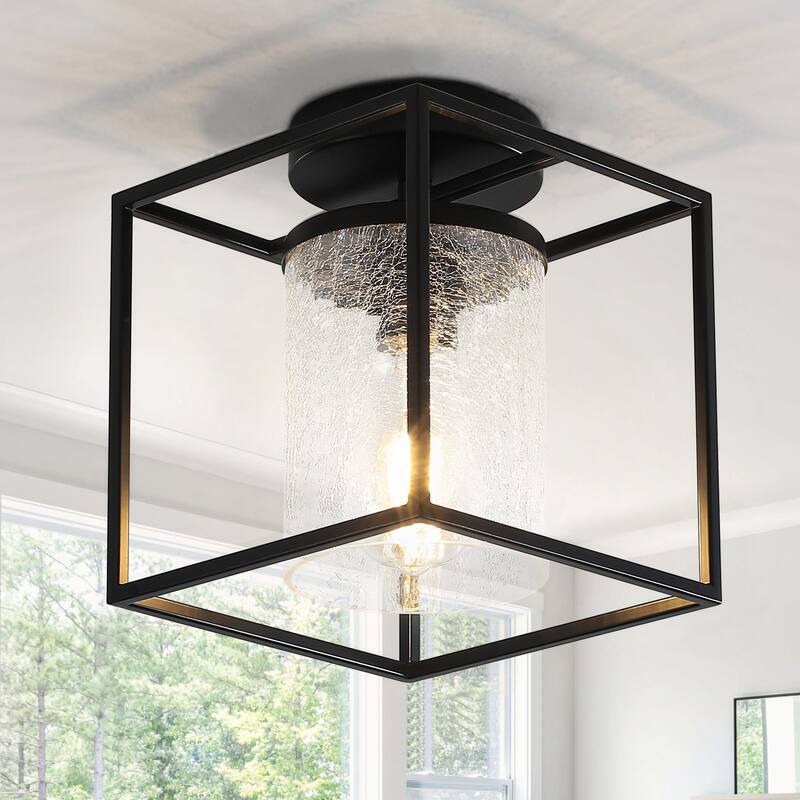 1-Light Modern Black Metal Frame Textured Glass Ceiling Light - Matte Black - Matte Black