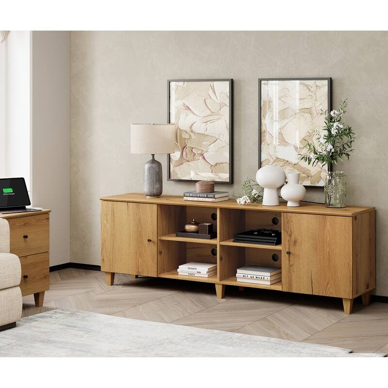 WAMPAT Wooden TV Stand with Doors, Mid-Century Entertainment Center