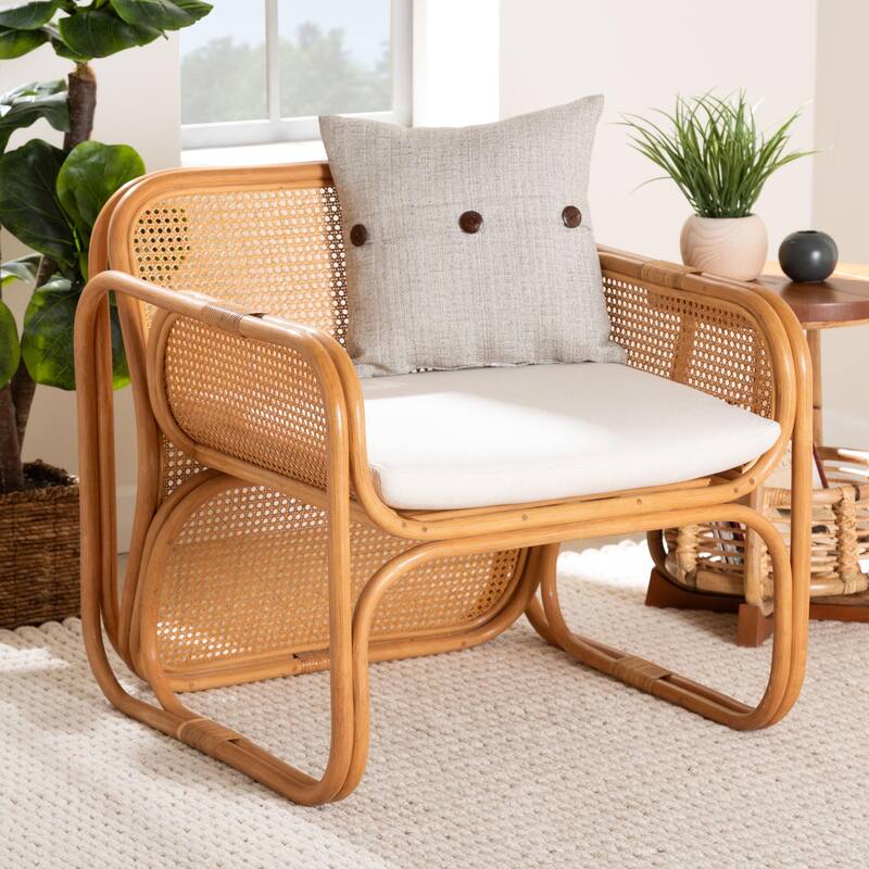 Cambridge Natural Rattan Armchair - Handcrafted with Cushion, Rounded Frame with Cane Woven Panels, for Living Room or Sunroom