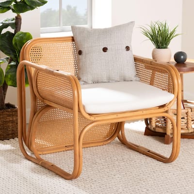 Cambridge Natural Rattan Armchair - Handcrafted with Cushion, Rounded Frame with Cane Woven Panels, for Living Room or Sunroom