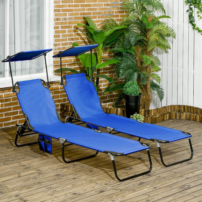 Outsunny Folding Chaise Lounge Pool Chairs, Outdoor Sun Tanning Chairs With Canopy Shade