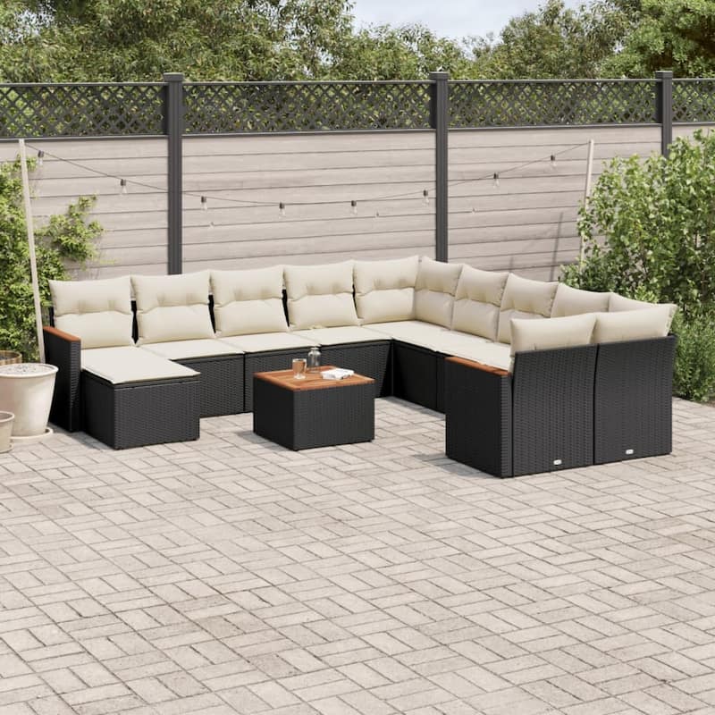 vidaXL Patio Sofa Set with Cushions Outdoor Conversation Furniture Poly Rattan - 21.7 x 21.7 x 14.6 in - Black and cream with table