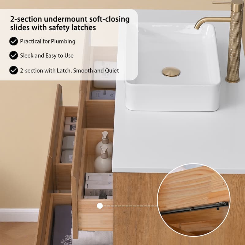 Sylphar 48 inch Toffee Oak Floating Bathroom Vanity with White Quartz Top