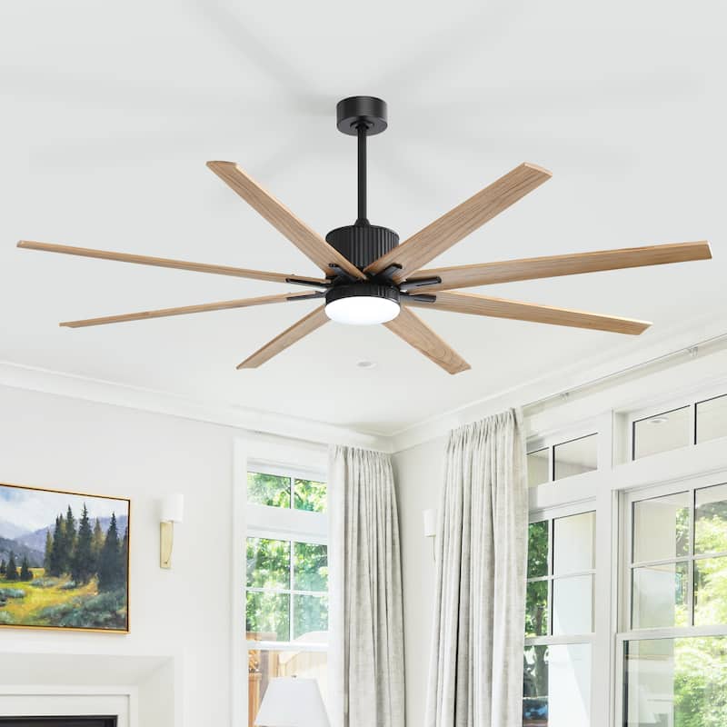 52"/66"/72"/76 Inch Modern Ceiling Fan with Dimmable LED Light ,Remote&APP Control,8 Blades for Large Living Room,Porch - 76 Inch - Black and Solid wood Blades