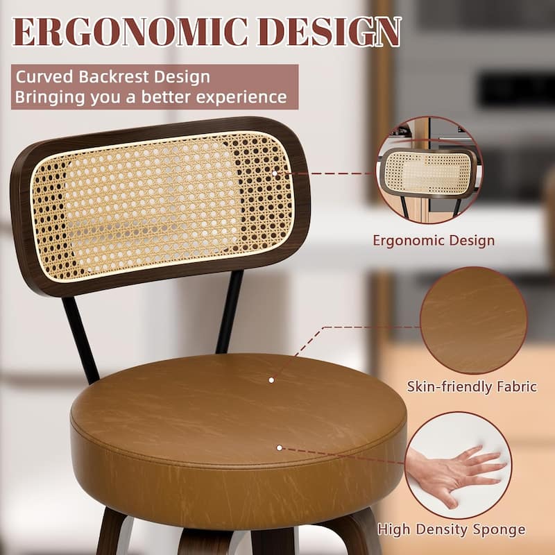 XINMICS 26 Inches Swivel Counter Height Bar Stools with PE Rattan Back, Faux Leather Upholstered Bar Chairs, Set of 2/3/4