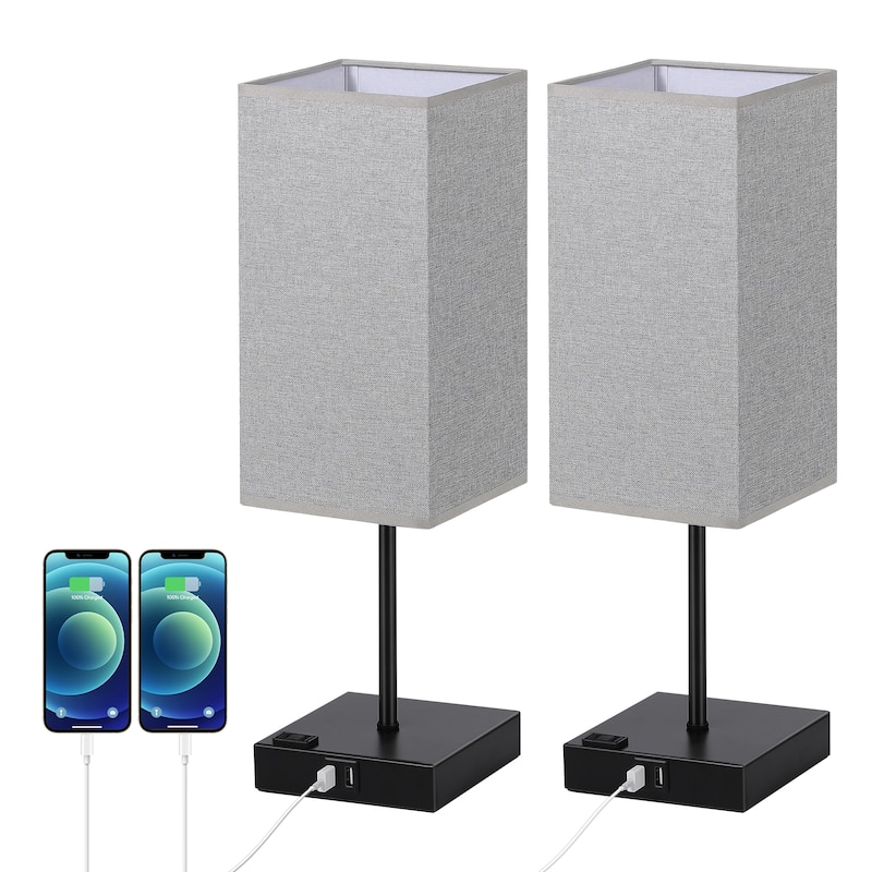 Set of 2 Bedside Table Lamp with 2 USB Charging Ports &1 AC Outlet
