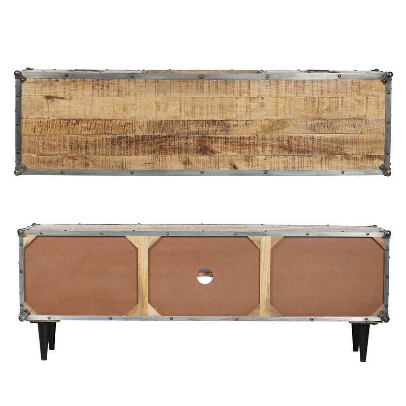 ExBrite Solid Wood Media Console 2 Doors Back Black Metal Legs for TV Table Bench Stand,Rich Rustic Oak Finish