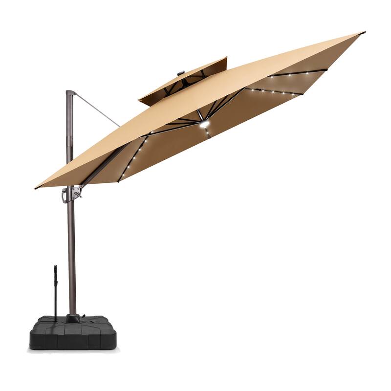 11 FT Square Outdoor Patio Cantilever Umbrella with Solar Lights Rod Wheel Base Double Canopy 360 Rotation Tilt