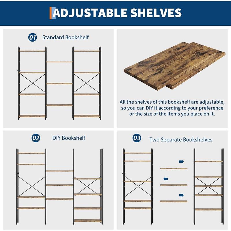 Triple Column 4-Tier Bookshelf, Adjustable Rustic Industrial Bookcase