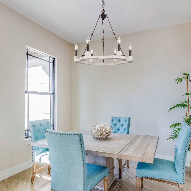 Loby 6-Light Rustic Wagon Wheel Wood Chandelier Dimmable Lighting, Adjustable Farmhouse Pendant Light for Kitchen Island