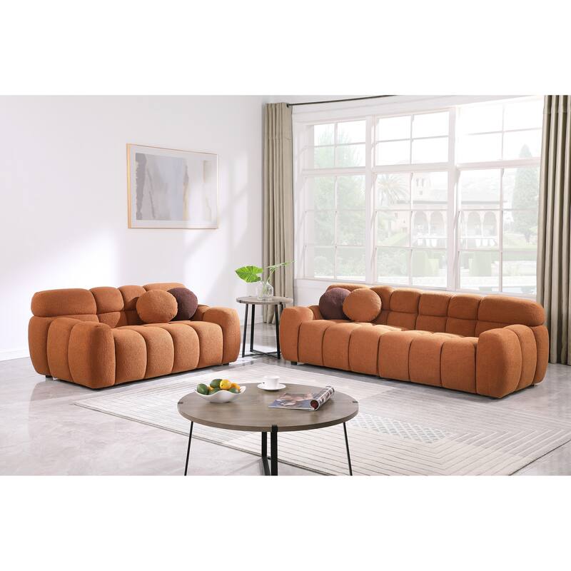 Light Brown Boucle 3 Seater Marshmallow Sofa, 87x36x28 inches