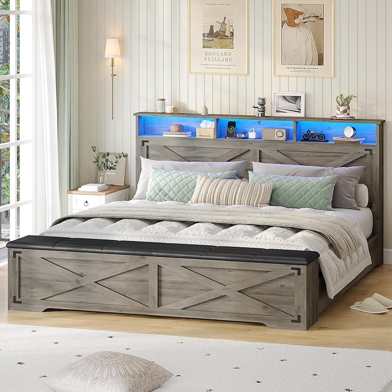 Bed Frame with Storage Ottoman Charging Station and Led Light - Oak Grey - Queen
