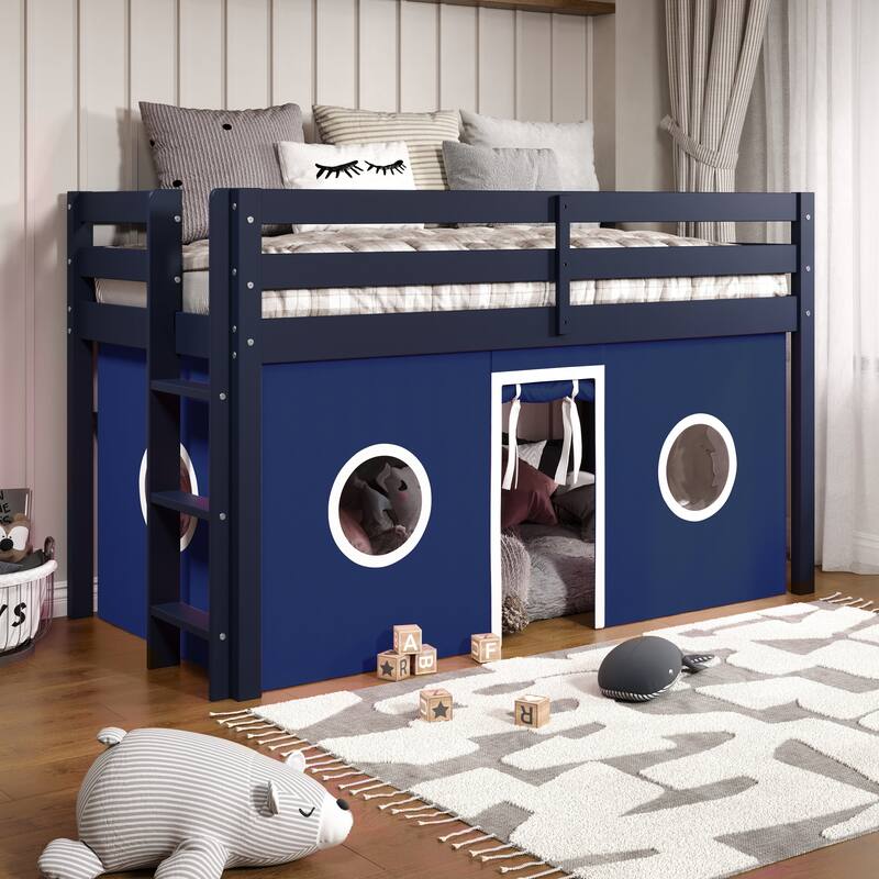 Taylor & Olive Trillium Low Loft Twin Bed with End Ladder - Loft Bed with Ladder - Blue with Blue & White Tent