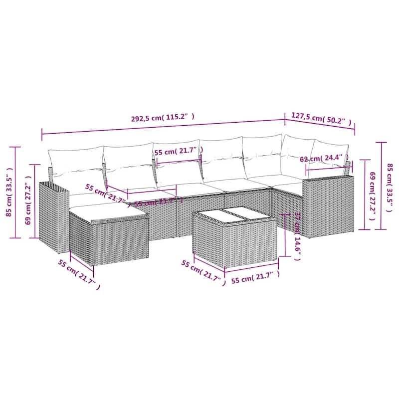 vidaXL Patio Sofa Set with Cushions Outdoor Conversation Furniture Poly Rattan - 25.8" x 24.4" x 27.2"