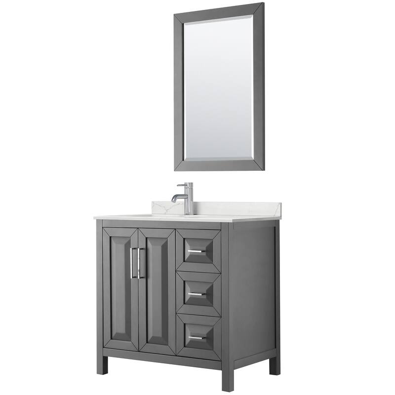 Daria 36-inch Single Vanity, Single Hole Quartz Top, 24-inch Mirror - Dark Gray, Chrome Trim, Giotto Quartz Top