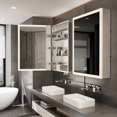 LED Wall Mounted Bathroom Medicine Cabinet with Double-side Mirror and Anti-defog Left Open