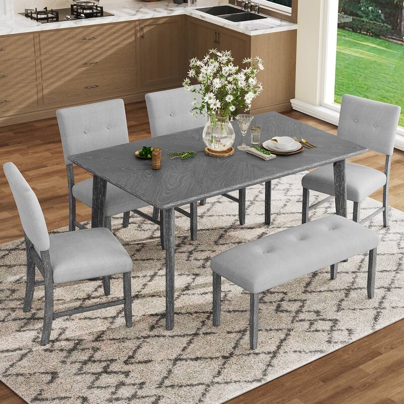 6 Piece Dining Room Table Set, Rustic Farmhouse Dining Room Rectangular Table with 4 Upholstered Chairs and Bench, Solid