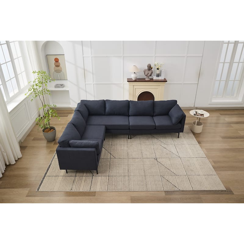 L Shaped Oversized Sectional Sofa, Convertible 6-Seat Corner Sofa with 2 Pillows, Linen Upholstered Sofa with Metal Legs - Grey