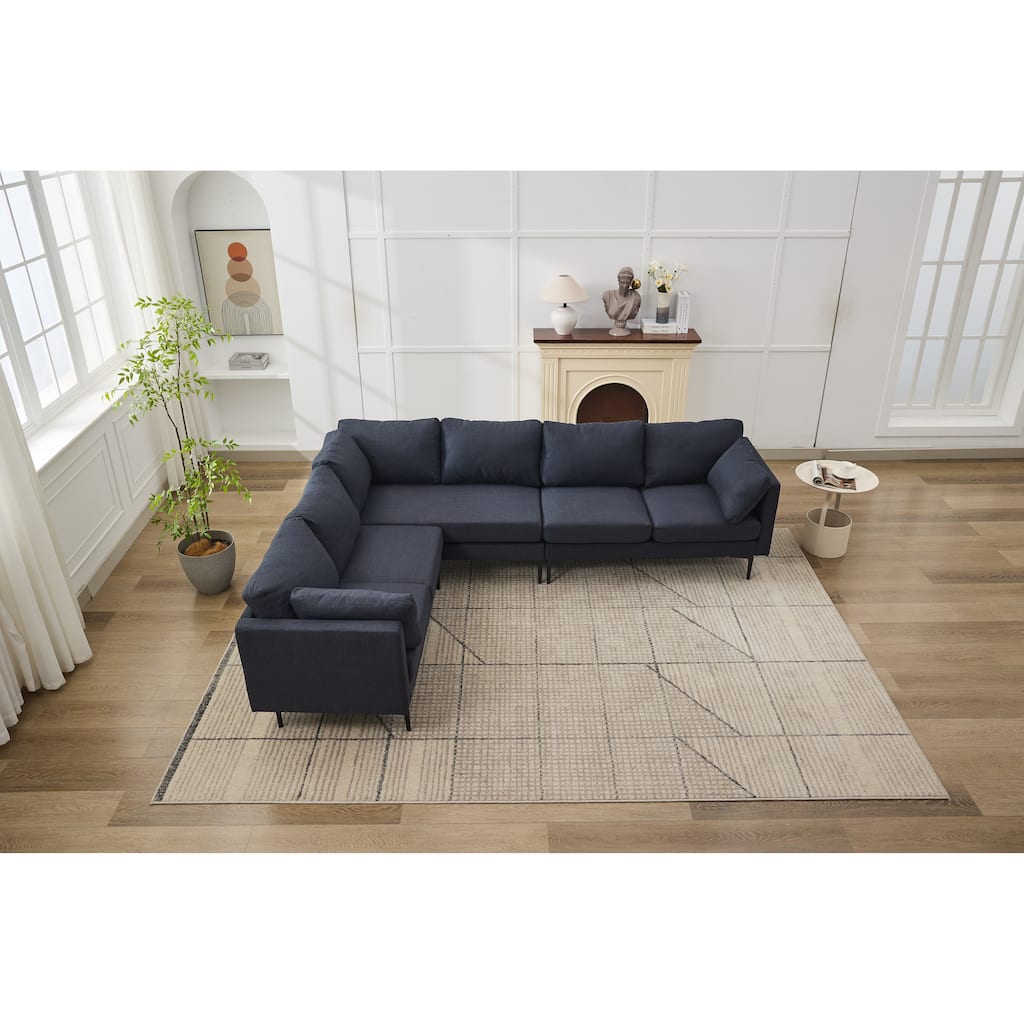 L Shaped Oversized Sectional Sofa, Convertible 6-Seat Corner Sofa with 2 Pillows, Linen Upholstered Sofa with Metal Legs