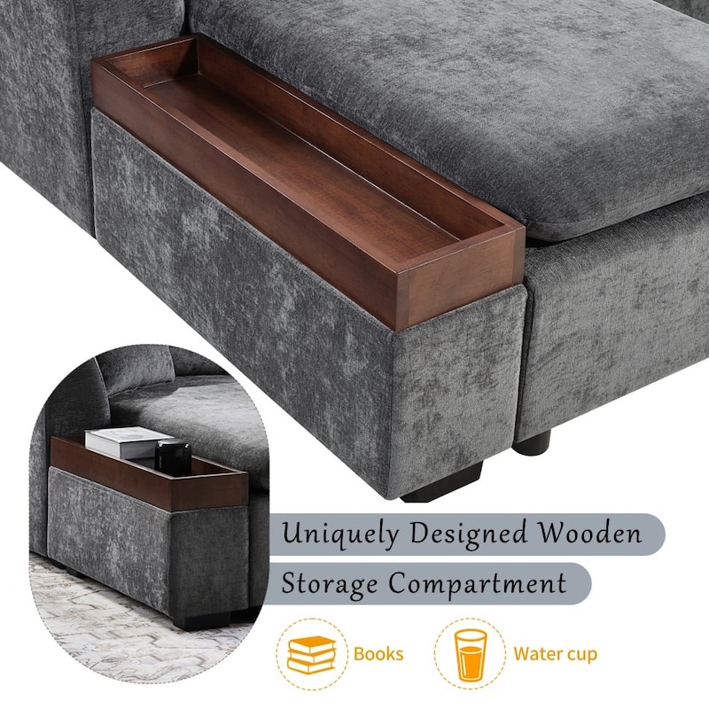 93.7" Modern L-shaped Upholstered Sectional Sofa with Wooden Storage Compartment