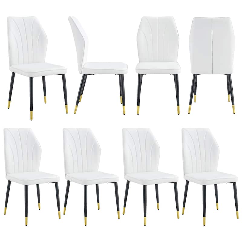 Modern Dining Chairs w/ Stylish PU Patterned Backrest & Black Metal Legs - Set of 8 - White