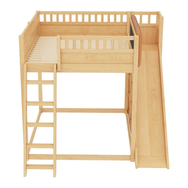 Minimalist Wood Loft Bed Frame with Upholstered Headboard, Storage Open Shelves, Safety Guardrails, Ladder and Slide for Kids