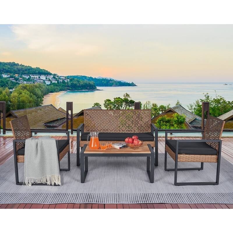 4-Piece Acacia Wood Table Top Patio Furniture Conversation Set for Balcony Porch Garden Backyard Lawn