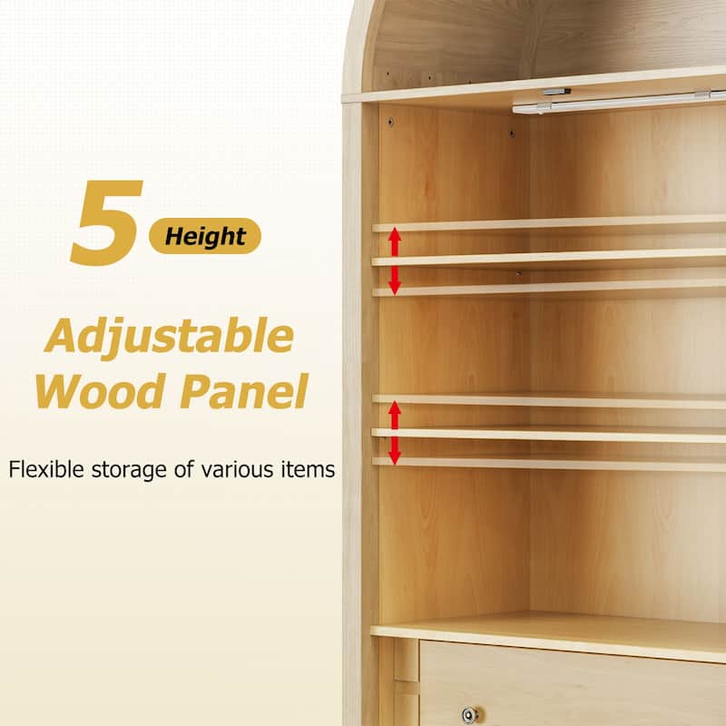 Modern Arched Cabinet with Glass Doors,72" Tall Arch Storage Cabinet with Height Adjustable Shelf and 2 Drawers Bookshelf