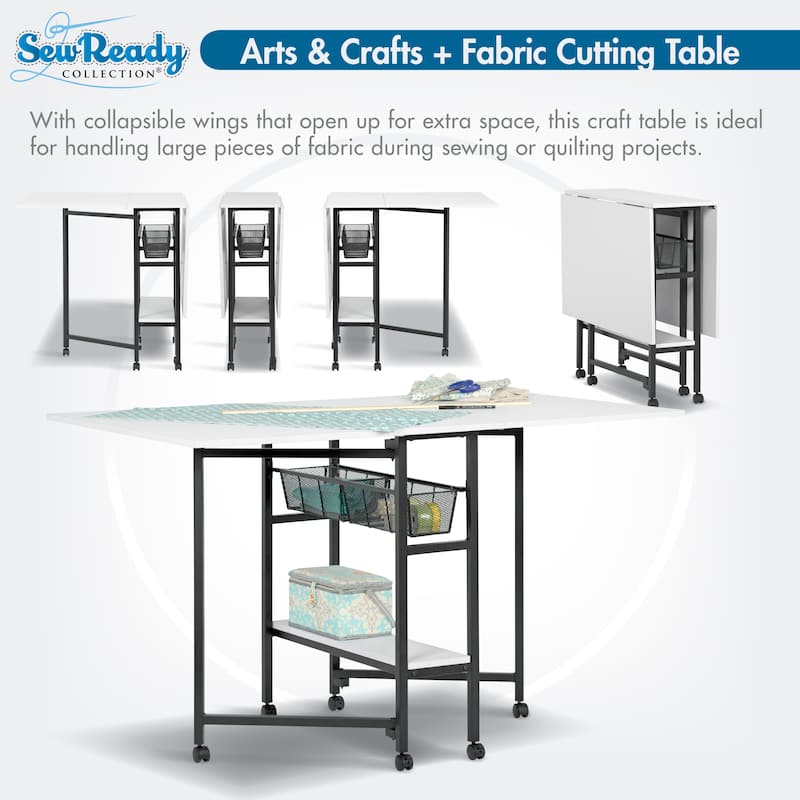 Sew Ready Standing Height (36" H) Mobile Folding Expandable Fabric and Die Cutting Table with Craft Storage- Charcoal / White