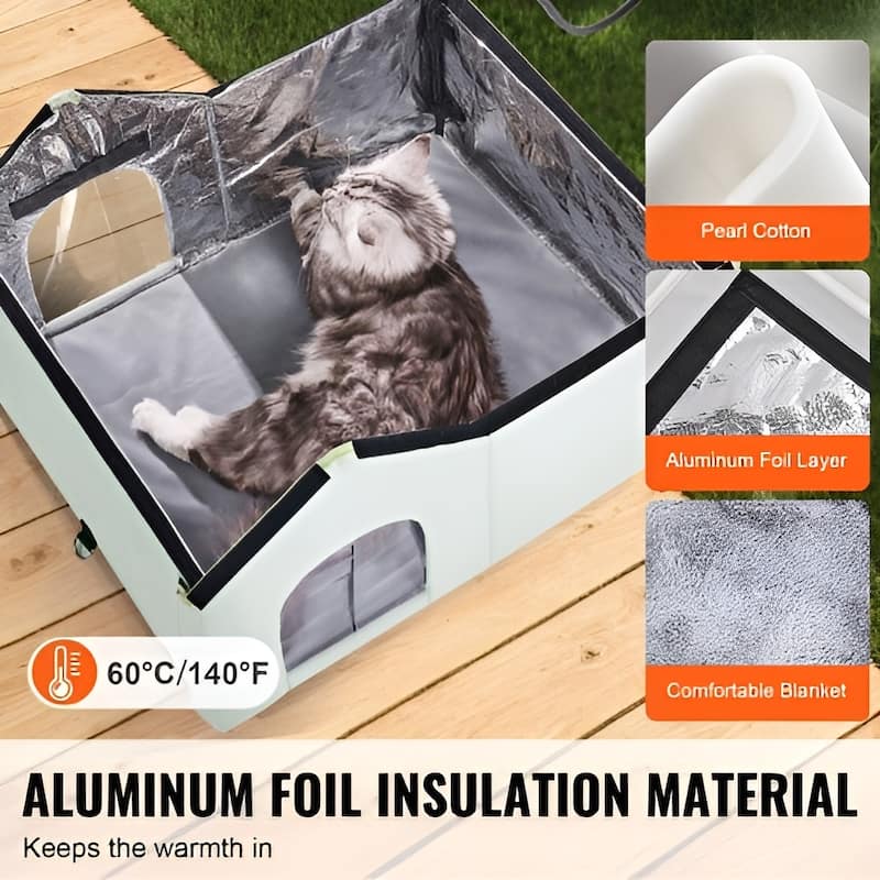 Green Oxford Heated Cat House, Waterproof, Insulated and 50W Pad - 26.38” L × 22.05” W × 16.14” H