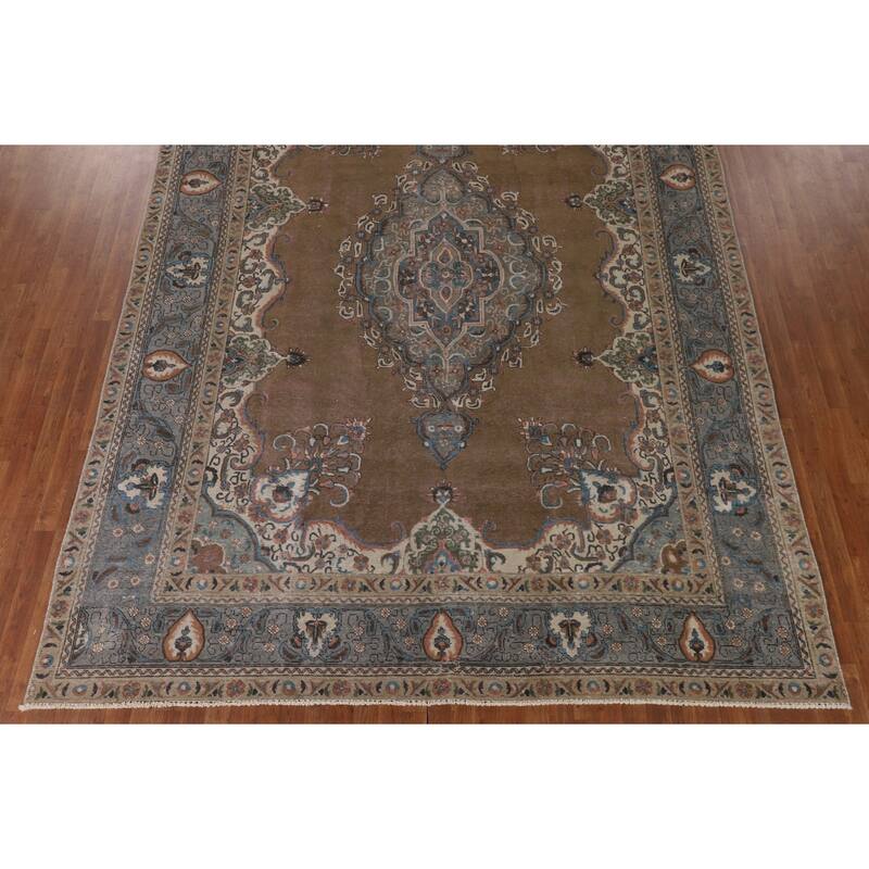 Brown Over Dyed Tabriz Persian Vintage Rug Handmade Wool Carpet - 9'3"x 12'7"