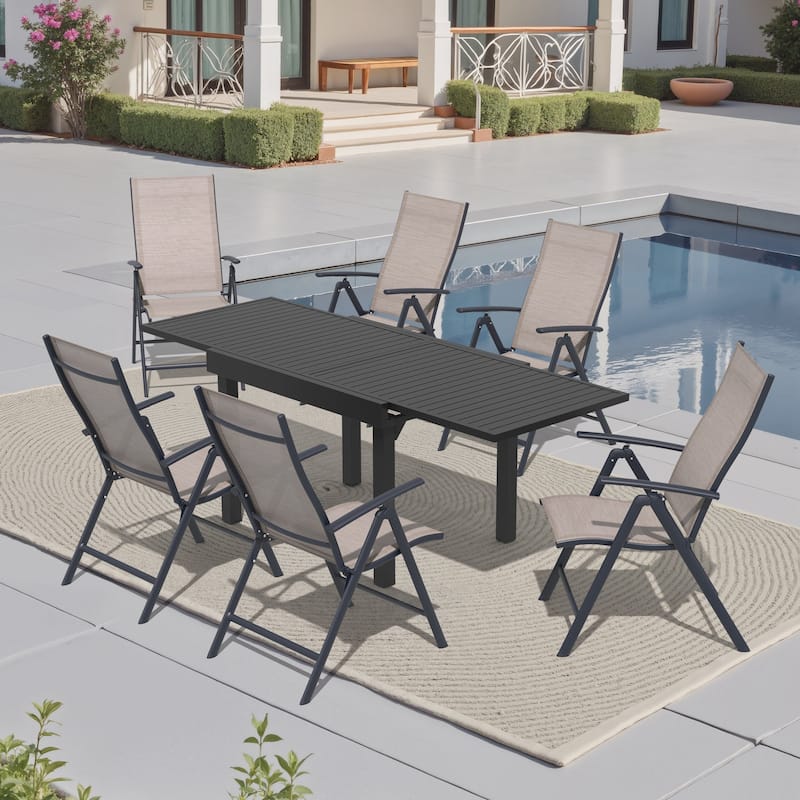 5/7-Piece Outdoor Dining Set Aluminum Expandable Dining Table and Adjustable Folding Chairs - Set of 7-Espresso-82.68 inches table