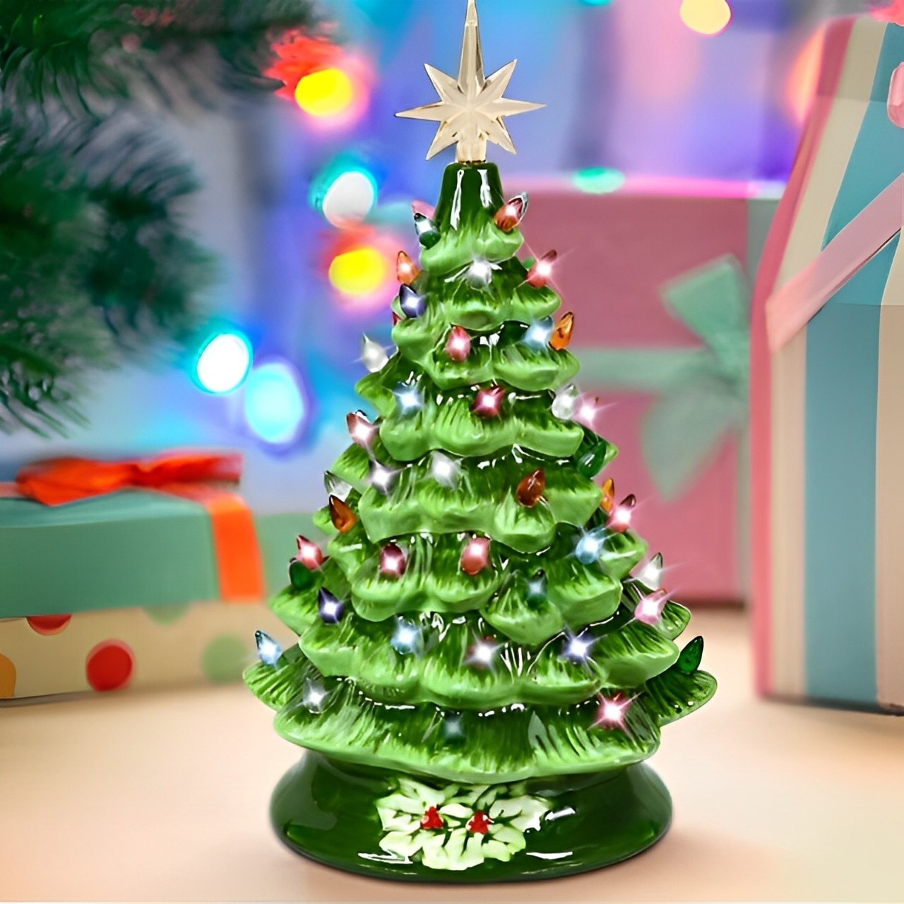 15'' Ceramic Christmas Tree, Lighted Artificial Christmas Decoration Hand Painted Lighted Tree with Star
