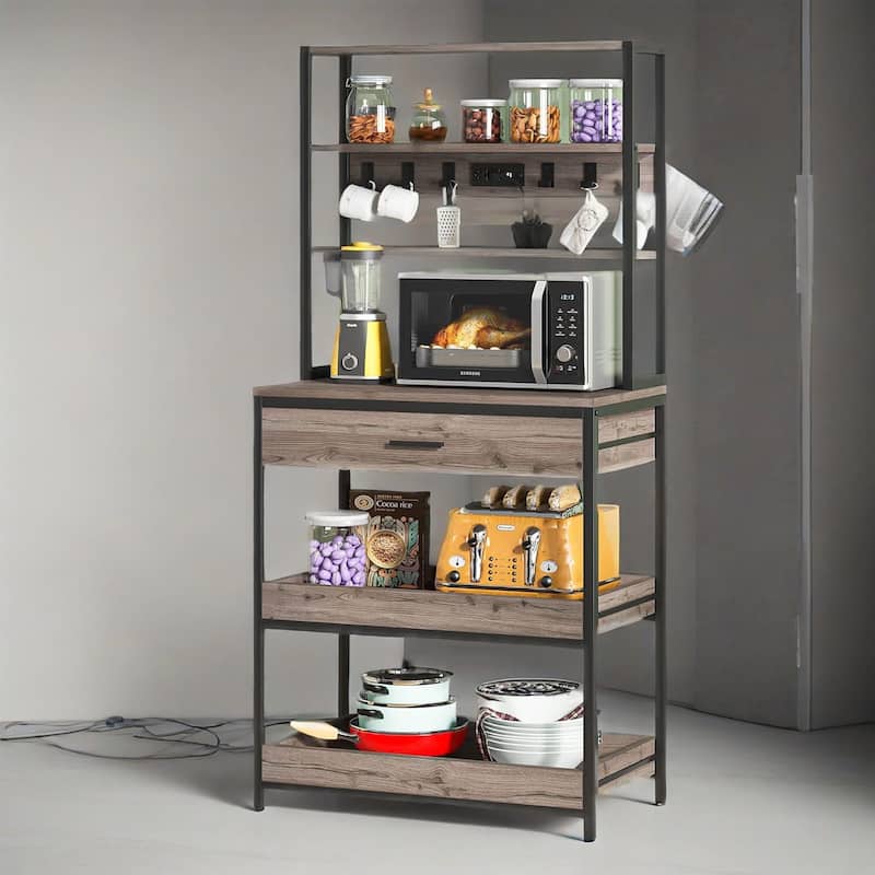 5-Tier Kitchen Bakers Rack with Power Outlets USB Ports, Metal Frame & Particleboard Shelves, Pull-Out Drawer