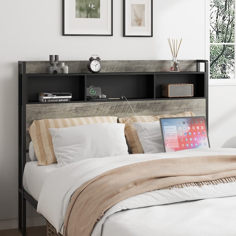 Metal Slats Frame Support Platform Bed with Storage Headboard Built-in Charging Station, Low Profile Bed